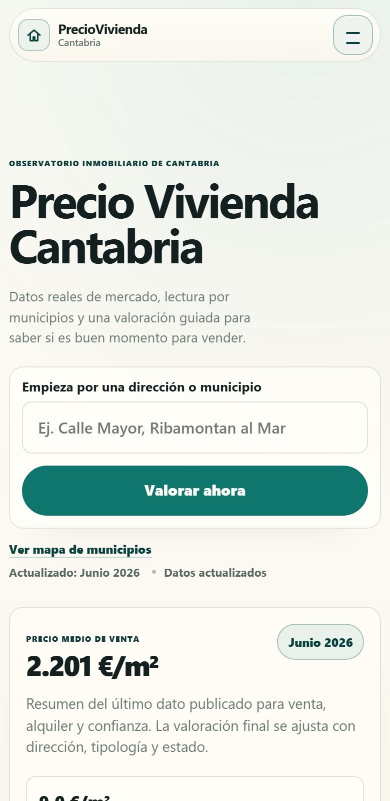 Versión móvil de precioviviendacantabria.es, proyecto real