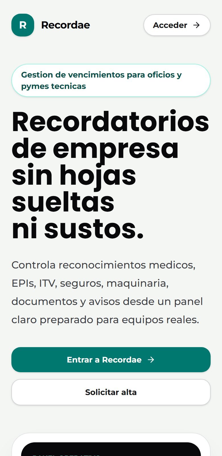 Versión móvil de recordae.es, proyecto real