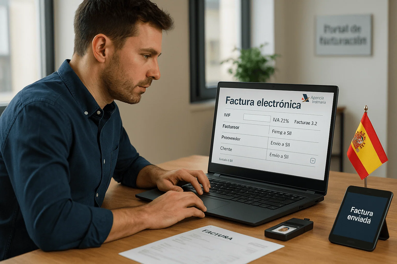 Empresario gestionando la facturación electrónica de su pyme en España.
