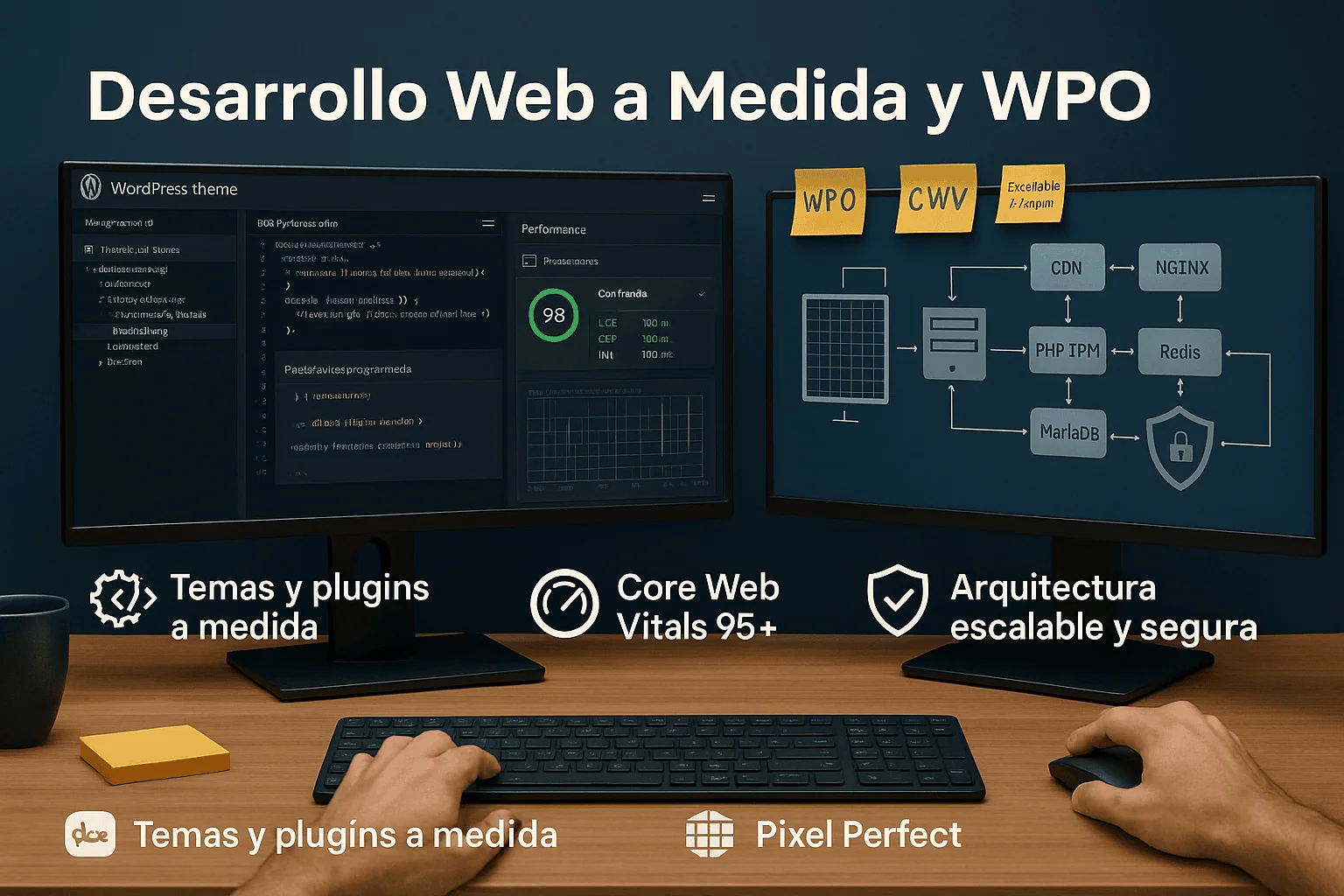 Ilustración sobre desarrollo web a medida y optimización del rendimiento.